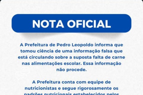 Prefeitura de Pedro Leopoldo desmente boato sobre falta de carne na merenda escolar