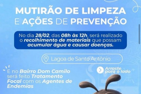 Mutirão de limpeza e ações de prevenção acontecem neste Sábado(28) em Lagoa de Santo Antônio