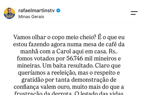 Rafael Martins agradece 56.746 votos e afirma que seguirá em frente após não conseguir a reeleição