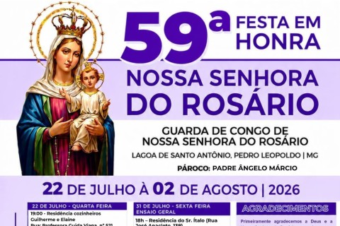 59ª Festa em Honra a Nossa Senhora do Rosário segue até 2 de agosto em Pedro Leopoldo
