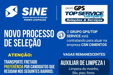 Sine de Pedro Leopoldo recebe processo seletivo para auxiliar de limpeza na CSN Cimentos